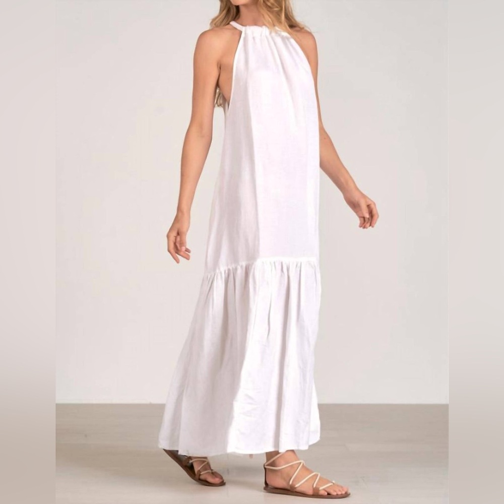 Elan High Neck Tiered Halter Maxi Dress White Linen Blend Relaxed Flowy Fit NWT - Picture 2 of 15